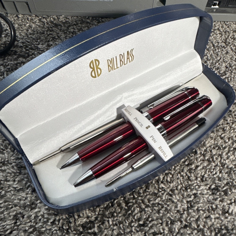 Vintage Rare Red Normandie Bill Blass Pen and 9mm Pencil Set with Silver Accents